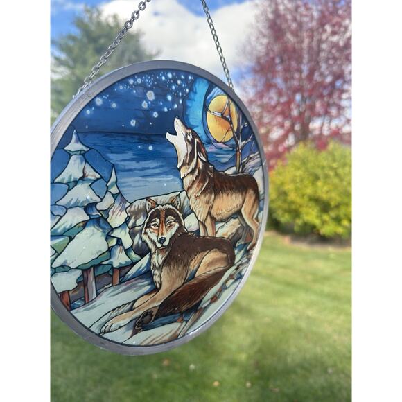 1990 Glassmasters Howling Wolves 8.75” Stained Glass Suncatcher – Made in USA - Picture 3 of 10